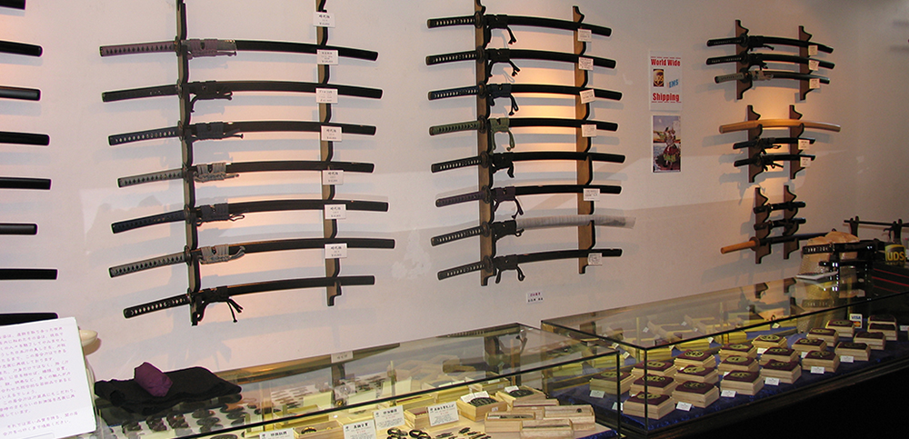 Tozando Shogoin Store's 1st floor. Japanese sword Iaito Katana are displayed.